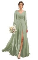 Chiffon Bridesmaid Dresses 2024 for Women with Slit V Neck Long Sleeve Flowy Formal Dresses with Pockets RO001 （Green）