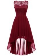 Women's Floral Lace Hi-Lo Bridesmaid Dress Formal Wedding Maxi Dress Dark Red