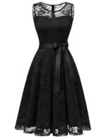 Women's Floral Lace Dress Short Bridesmaid Dresses with Sheer Neckline Black