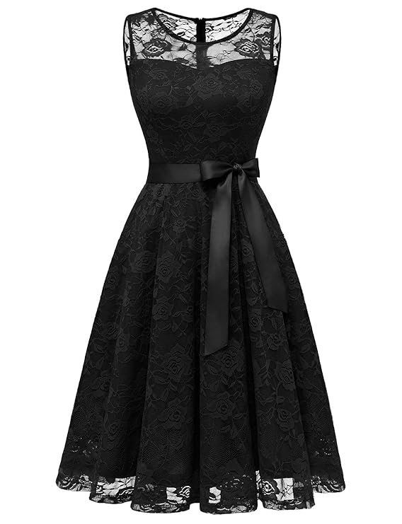 Women's Floral Lace Dress Short Bridesmaid Dresses with Sheer Neckline Black
