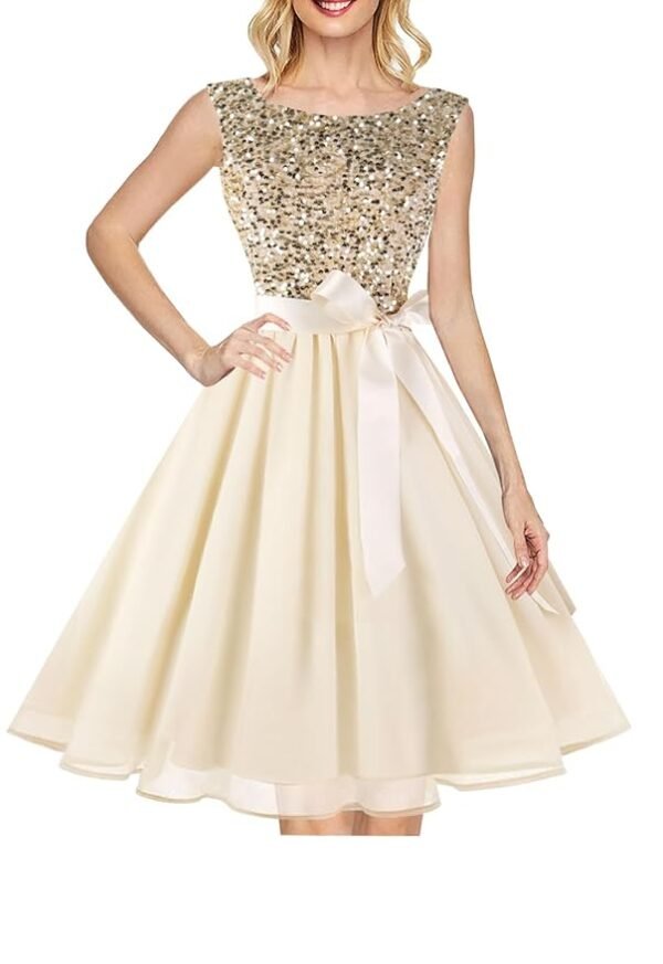 Women's Boatneck Sleeveless Prom Wedding Guest Bridesmaid Dresses Cocktail Dress, Champagne Sequin(sequin)