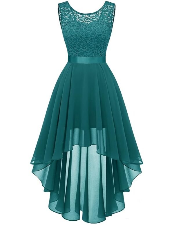 Women's Floral Lace Chiffon Bridesmaid Dress Hi-Lo Swing Party Dress, Peacock Green, Medium