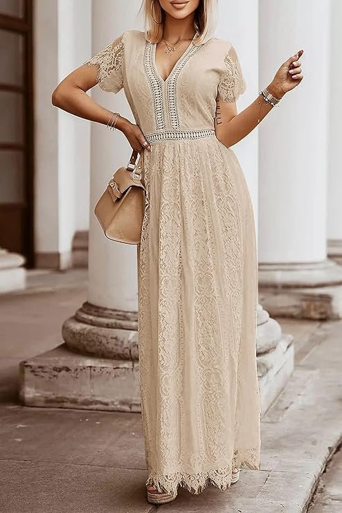 Women's V Neck Short Sleeve Floral Lace Wedding Dress Bridesmaid Cocktail Party Maxi Dress (Apricot)