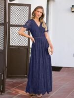 Women's V Neck Short Sleeve Floral Lace Wedding Dress Bridesmaid Cocktail Party Maxi Dress (Navy)