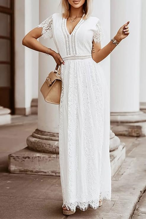 Women's V Neck Short Sleeve Floral Lace Wedding Dress Bridesmaid Cocktail Party Maxi Dress (White)