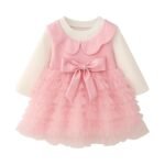 Baby Girl Long Sleeve Princess Dress – Soft Cotton Round Neck Flower Dress for Toddler Girls, Birthday, Party & Casual Wear (Pink AD3)