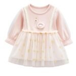 Baby Girl Long Sleeve Princess Dress – Soft Cotton Round Neck Flower Dress for Toddler Girls, Birthday, Party & Casual Wear (Pink AD4)
