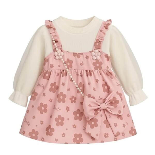 Baby Girl Long Sleeve Princess Dress – Soft Cotton Round Neck Flower Dress for Toddler Girls, Birthday, Party & Casual Wear (Pink AD5)