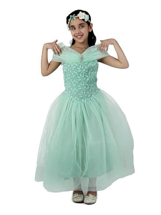 Kids Net Fabric Full Length Maxi Embroidered Gown Dress for Girls with Brooch - Special Occasion | Casual & Function Wear | Sleeveless