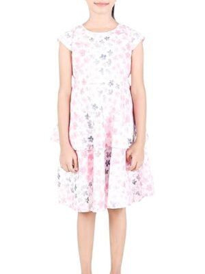 Floral Print Midi Dress, Cap Sleeve, Ruffle Detail, Blue with Pink Flowers