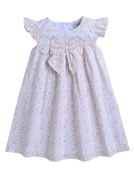 Girl Ditsy Flower Print Dress Round Neck 100% Cotton A-Line Cap Sleeves Fit and Flare Frock/Dress for Baby Girls