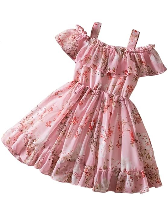 Girl's Floral Printed Frock Dress for Girls Short Frock Baby Princess Western Dresses| Stylish Fancy Kids Clothing for Festival, Fashion (Pink)