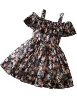 Girl's Floral Printed Frock Dress for Girls Short Frock Baby Princess Western Dresses| Stylish Fancy Kids Clothing for Festival, Fashion (Black)