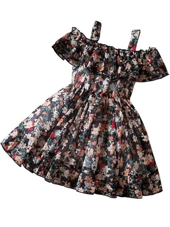 Girl's Floral Printed Frock Dress for Girls Short Frock Baby Princess Western Dresses| Stylish Fancy Kids Clothing for Festival, Fashion (Black)