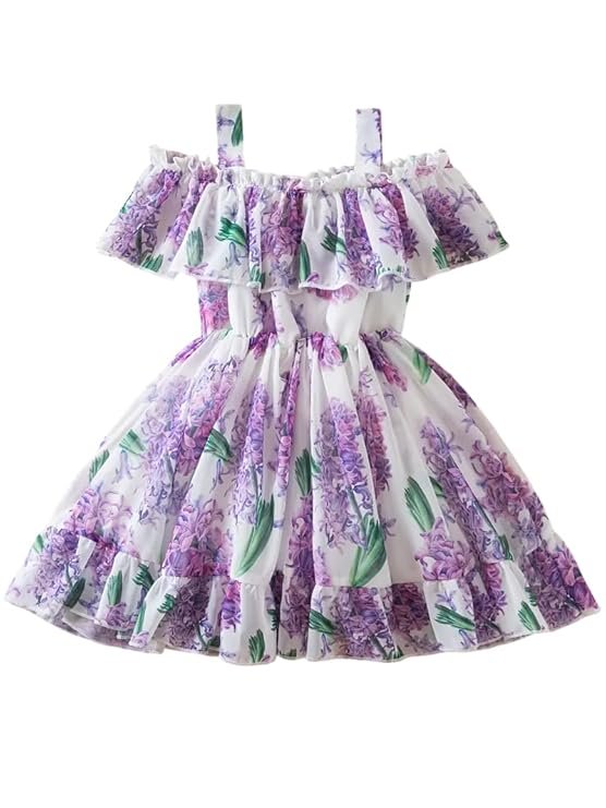 Girl's Floral Printed Frock Dress for Girls Short Frock Baby Princess Western Dresses| Stylish Fancy Kids Clothing for Festival, Fashion (Purple)