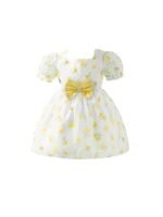 Girls Floral Jacquard Knee Length Party Frock Dress Short Sleeves, Zipper Closure, Elegant Flower Print, Kids Birthday & Special Occasion Wear (Yellow)