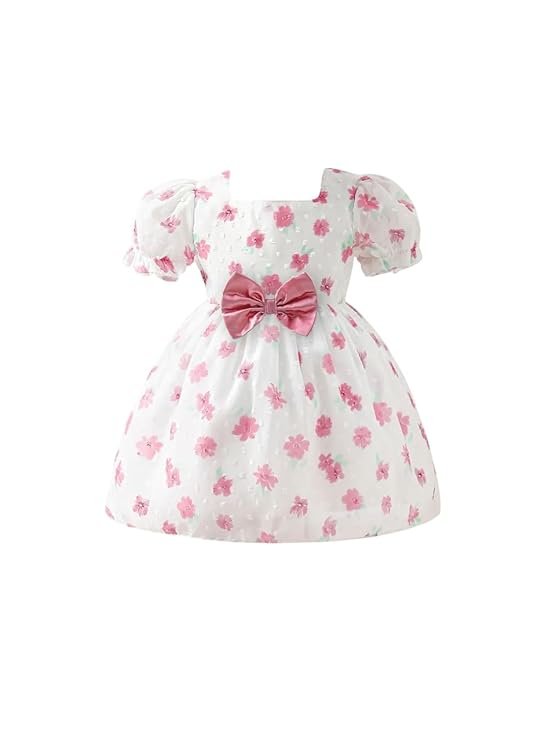 Girls Floral Jacquard Knee Length Party Frock Dress Short Sleeves, Zipper Closure, Elegant Flower Print, Kids Birthday & Special Occasion Wear (Pink)
