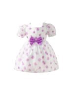 Girls Floral Jacquard Knee Length Party Frock Dress Short Sleeves, Zipper Closure, Elegant Flower Print, Kids Birthday & Special Occasion Wear (Purple)