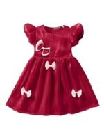 Girls Floral Jacquard Knee Length Party Frock Dress Short Sleeves, Zipper Closure, Elegant Flower Print, Kids Birthday & Special Occasion Wear (Red)
