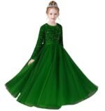 Glitter Sequins Long Sleeves Flower Girls Dresses for Wedding Tulle Birthday Party Christmas Dress for Girl（Green）