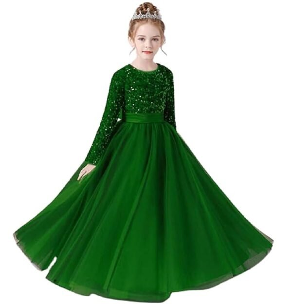 Glitter Sequins Long Sleeves Flower Girls Dresses for Wedding Tulle Birthday Party Christmas Dress for Girl（Green）