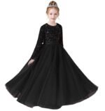 Glitter Sequins Long Sleeves Flower Girls Dresses for Wedding Tulle Birthday Party Christmas Dress for Girl（Black）