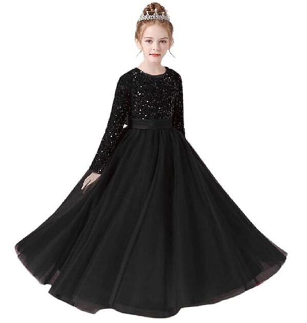 Glitter Sequins Long Sleeves Flower Girls Dresses for Wedding Tulle Birthday Party Christmas Dress for Girl（Black）