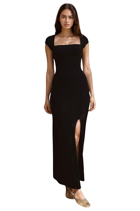 Black Lahariya Print Bodycon Maxi Dress with Square Neck and Front Slit