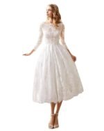 Women Lace Wedding Dresses for Bride,Long Sleeves Bridal Prom Evening Gowns Beach White Dresses, White, M-L