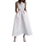Summer Sexy White Satin Backless A-line Ruffle Sleeveless Prom Midi Cocktail Party Dress for Women