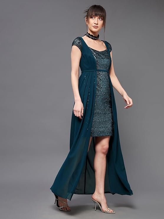 Women's Embellished Fit & Flare Maxi Dress (Teal)
