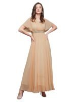 Women's V-Neck Flared/Bell Sleeves Fit & Flare Maxi Dress (Peach)