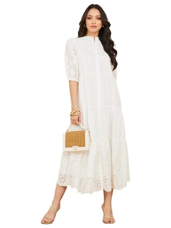 Women Self Design Mandarin Collar Puff Sleeve Cotton A-Line Dress | Stylish One Piece Dress for Women | Perfect Long Dress for Casual, Party