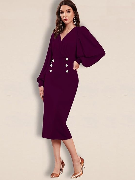 Women Bodycon Sweatheart Neck Lantern Sleeve one Piece Bodycon Midi Dress | Dress for Women (Wine)