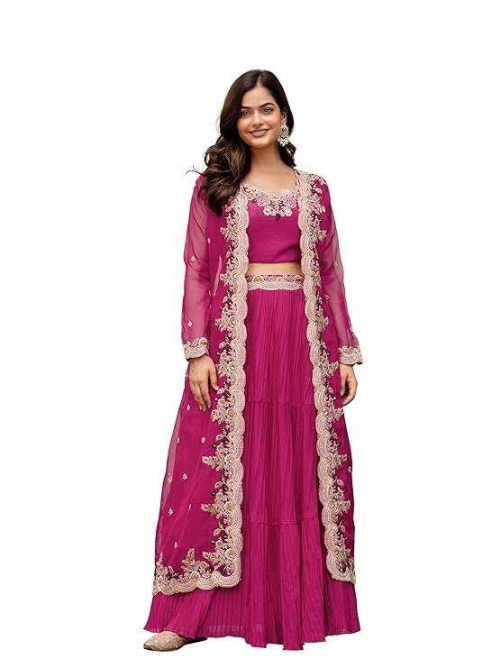 Women's Soft Organza Embroidery Crop Top with Flared Pleated Skirt and Shrug Set