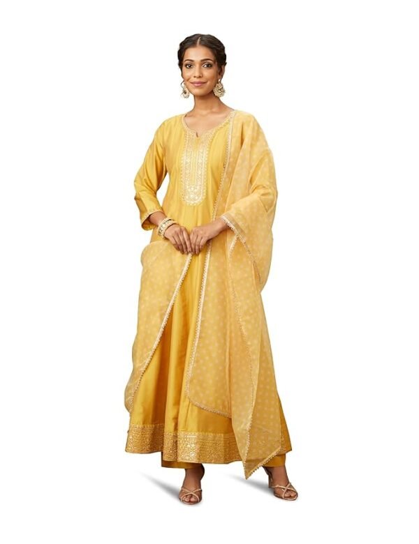 Women's Embroidered Anarkali Kurta Pant Set with Organza Dupatta | Viscose,Rayon | Marigold Yellow