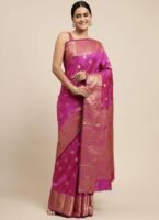 Women's Banarasi Silk Saree with Intricate Gold Zari Weaving & Unstitched Blouse Piece – Traditional Indian Wedding Attire（ Mahi pink）