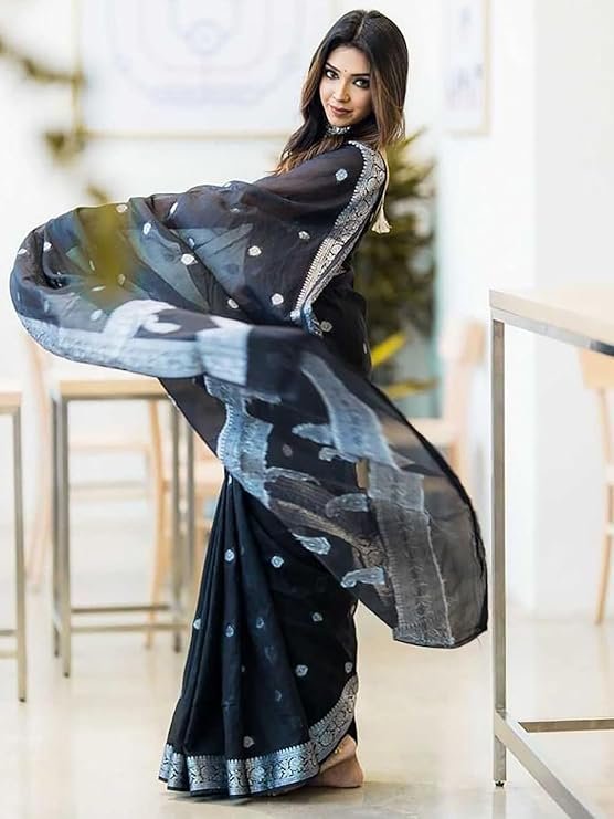 Women's Black Banarasi Kanchipuram Art Silk Saree for Women – Traditional Wedding & Party Saree with Blouse Piece – Ethnic Indian Silk Saree for Bridal, Festive & Gifting ( Black)