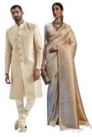 Traditional Indian Wedding Attire Set, Cream Brocade Sherwani (M) and Silk Saree Without Blouse, Ethnic Formal Wear