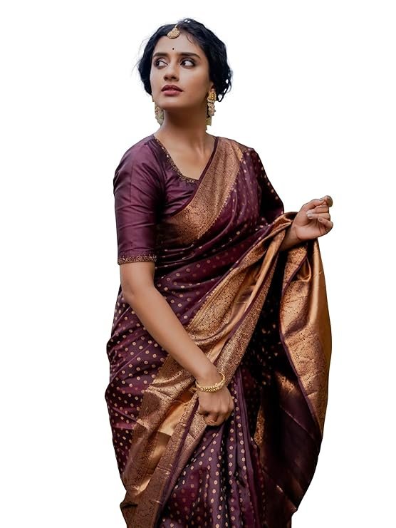 Women's Maroon Banarasi Kanchipuram Art Silk Saree for Women – Traditional Wedding & Party Saree with Blouse Piece – Ethnic Indian Silk Saree for Bridal, Festive (MAROON)