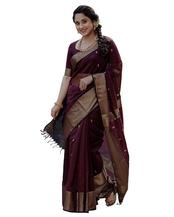 Women's Maroon Banarasi Kanchipuram Art Silk Saree for Women – Traditional Wedding & Party Saree with Blouse Piece – Ethnic Indian Silk Saree for Bridal, Festive (WINE)