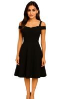 Women's Polyester Solid Midi/Calf Length Dress | Evening Party Dress for Women & Girls Black