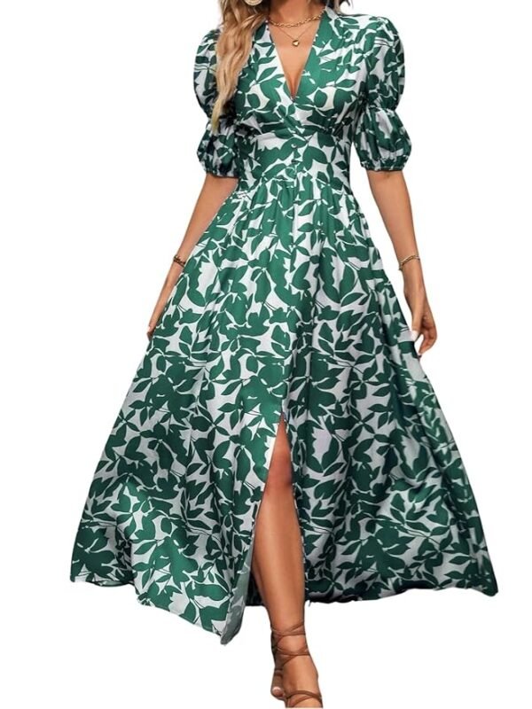 Women's V-Neck Slit Maxi Dress Printed Boho Style, Short Sleeve, Tie Waist, Summer Casual Outfit