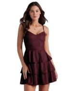 V-Neck Shoulder Straps Sleeve Glam Glitter Ruffled Tiered Fit Above Knee Length Women Solid Fit and Flare Dress
