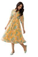 Women's Fit and Flare Midi Dobby Georgette Floral Printed Flared Dress （Mustard）