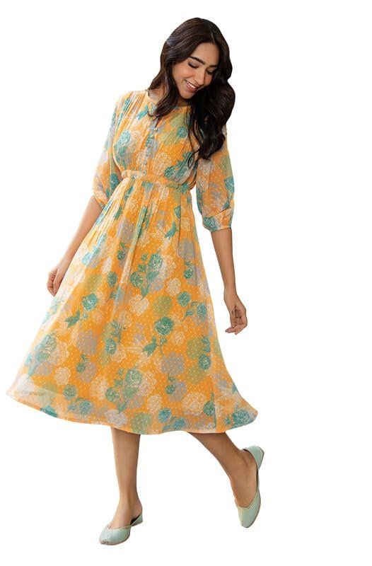 Women's Fit and Flare Midi Dobby Georgette Floral Printed Flared Dress （Mustard）