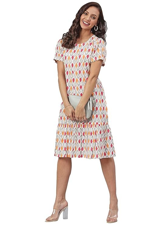 Women's Cotton Printed A-Line Western Knee-Length Dress（Light Pink）