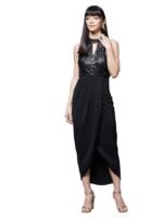 Women's Wine Halter Neck Sleeveless Solid Embellished Midi Dress（Black）
