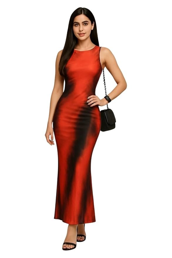 Womens Bodycon Maxi Dress | Sleeveless Red & Black Tie Dye Long Evening Gown for Party, Cocktail, Wedding, Clubwear & Formal Events