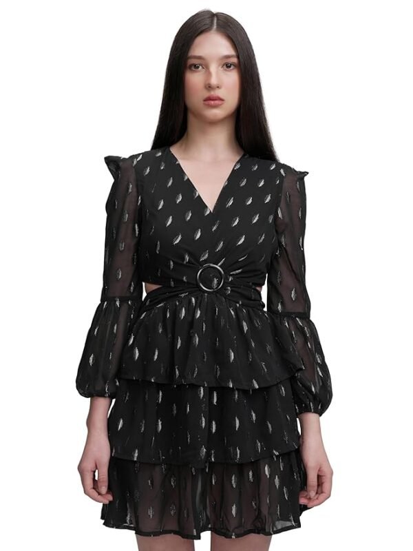 Women's Chic Cut-Out Ruffle Dress with Long Bishop Sleeves A Playful Yet Elegant Short Dress for Every Occasion(BLACK)